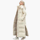 Women's Long Winter Coat with Hood and Button Closure