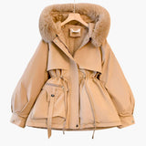 Women's Red Parka with Hood and Adjustable Waist