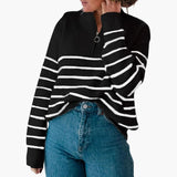 Women's Knit Sweater with Half Zip and Striped Pattern