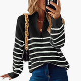 Women's Knit Sweater with Half Zip and Striped Pattern