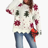 Women's Knit Sweater with Round Neck and Festive Pattern