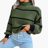 Women's Knit Sweater with Stripes and High Collar