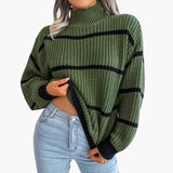 Women's Knit Sweater with Stripes and High Collar