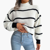 Women's Knit Sweater with Stripes and High Collar