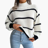 Women's Knit Sweater with Stripes and High Collar