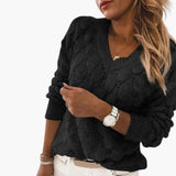 Women's Knitted Sweater with V-Neck and Ribbed Hem