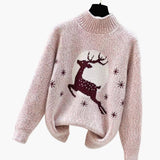 Women's Christmas Sweater with High Collar and Reindeer Motif
