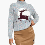 Women's Christmas Sweater with High Collar and Reindeer Motif