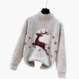 Women's Christmas Sweater with High Collar and Reindeer Motif