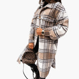 Women's Long Checkered Coat with Button Closure and Lapel Collar