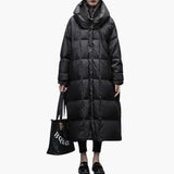 Women's Long Winter Coat with Quilted Design and Front Zipper
