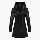 Women's Long Coat with Hood and Asymmetric Zipper