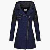 Women's Long Coat with Hood and Asymmetric Zipper