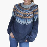 Women's Sweater with Round Neckline and Patterned Yoke