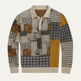 The Capri Men’s Vintage Patchwork Print Button Neck Polo Sweater