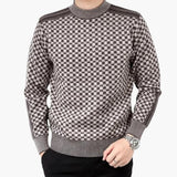 Men's Long Sleeve Sweater with Round Neck and Check Pattern