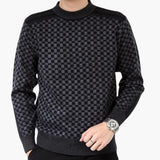 Men's Long Sleeve Sweater with Round Neck and Check Pattern