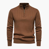 Men's Ribbed Knit Sweater with Half Zip and Stand-Up Collar