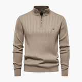 Men's Ribbed Knit Sweater with Half Zip and Stand-Up Collar