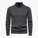 Men's Ribbed Knit Sweater with Half Zip and Stand-Up Collar