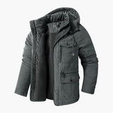 Men's Winter Jacket with Hood, Zipper, and Multiple Pockets
