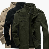 Men's Military Style Jacket with Stand-Up Collar and Flap Pockets