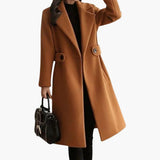 Long Women's Coat with Notched Collar and Button Closure