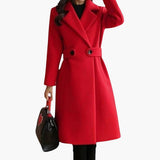 Long Women's Coat with Notched Collar and Button Closure