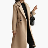 Long Women's Coat with Notched Collar and Button Closure