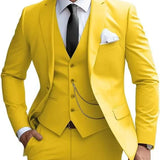Men's Three-Piece Suit with Notched Vest and Flat Pants