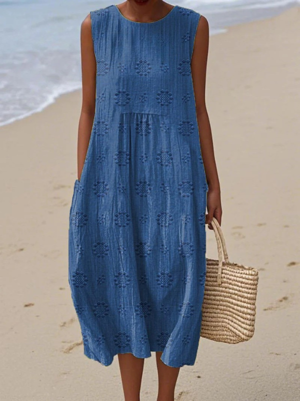 Rose Embroidered Midi Dress Blue