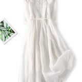 Arya - Womens Art Retro Round Neck Lace Up Waist Dress