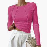 Women Top with Crew Neck and Piping