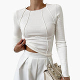 Women Top with Crew Neck and Piping