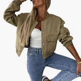 Women’s Bomber Jacket with Button Closure and Flap Pockets