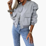 Women’s Bomber Jacket with Button Closure and Flap Pockets