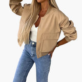 Women’s Bomber Jacket with Button Closure and Flap Pockets