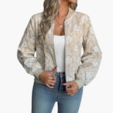 Women’s Bomber Jacket with Zip and Floral Embroidery