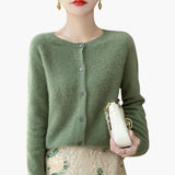 Women’s Button Front Cardigan with Round Neck and Long Sleeves