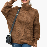 Women's Cable Knit Turtleneck Sweater with Long Sleeves