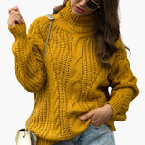 Women's Cable Knit Turtleneck Sweater with Long Sleeves