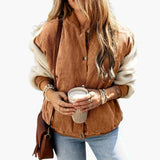 Women’s Corduroy Bomber Jacket with Buttons and Sherpa Sleeves