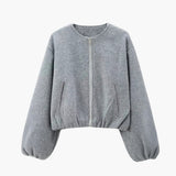 Women’s Cropped Bomber Jacket with Balloon Sleeves and Zip