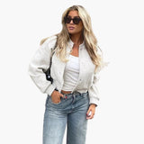 Women’s Cropped Bomber Jacket with Snap Buttons