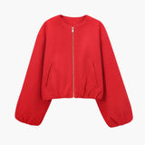Women’s Cropped Bomber Jacket with Zipper and Elastic Waist