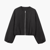 Women’s Cropped Bomber Jacket with Zipper and Elastic Waist