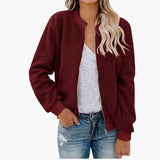 Women’s Fleece Bomber Jacket with Zip and Stand-Up Collar