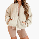 Women’s Fleece Bomber Jacket with Zipper and Pockets