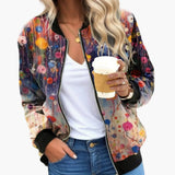 Women’s Floral Bomber Jacket with Front Zip and Side Pockets