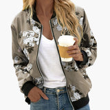 Women’s Floral Print Bomber Jacket with Zip and Side Pockets